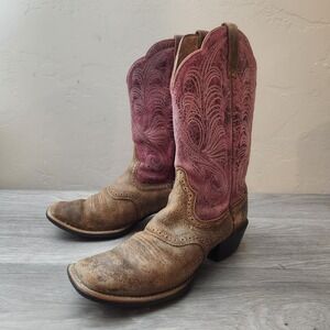 Ariat Western Boots Size 9 Brown Pink Leather Square Toe Distressed Tombstone